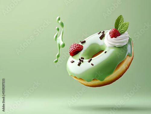 Levitating Mint Green Donut with Creamy Glaze and Strawberry photo