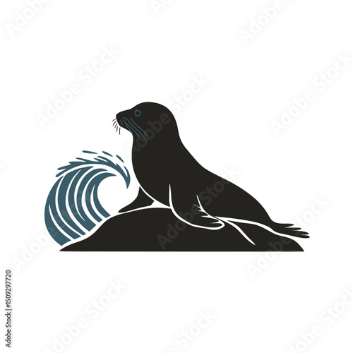 A black silhouette of a seal rests on a rock with a stylized wave rising nearby.