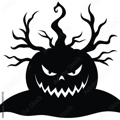 Spooky halloween character silhouette with wicked face and spooky tree branch antlers