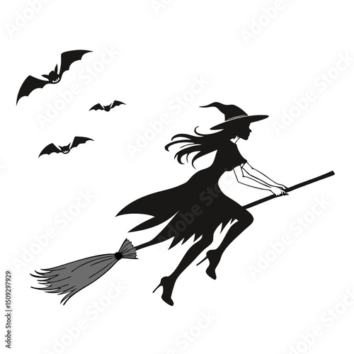 Witch silhouette flying on broom with bats.