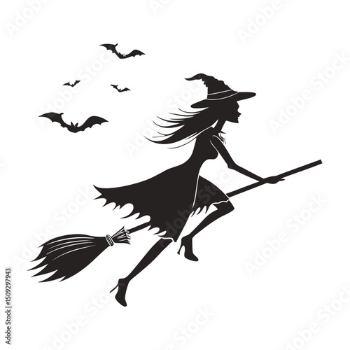 Witch silhouette flying on broom with bats.