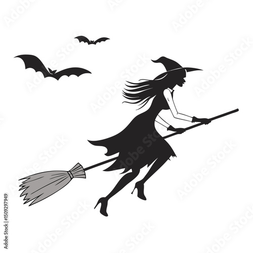 Witch silhouette flying on broom with bats.