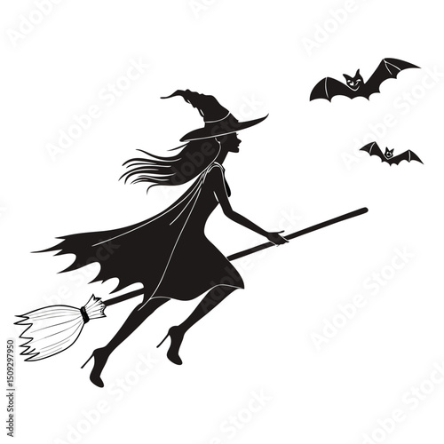Witch silhouette flying on broom with bats.