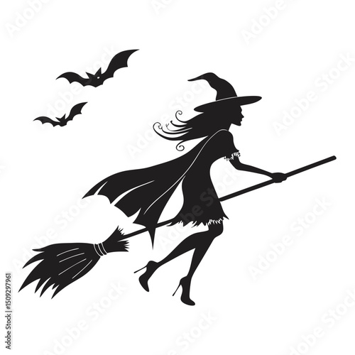 Witch silhouette flying on broom with bats.