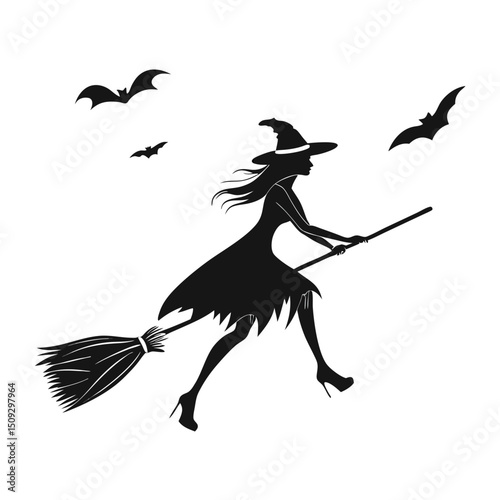 Witch silhouette flying on broom with bats.