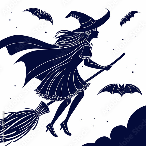 Witch silhouette flying on broom with bats.