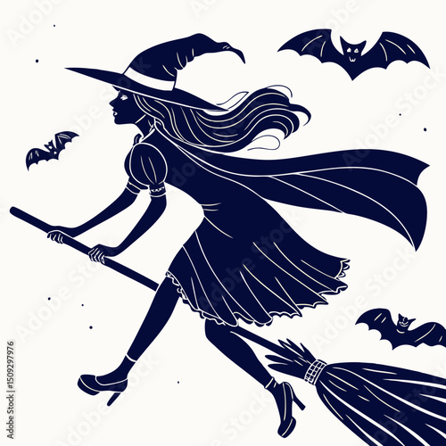 Witch silhouette flying on broom with bats.