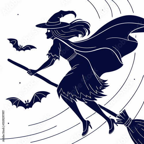 Witch silhouette flying on broom with bats.