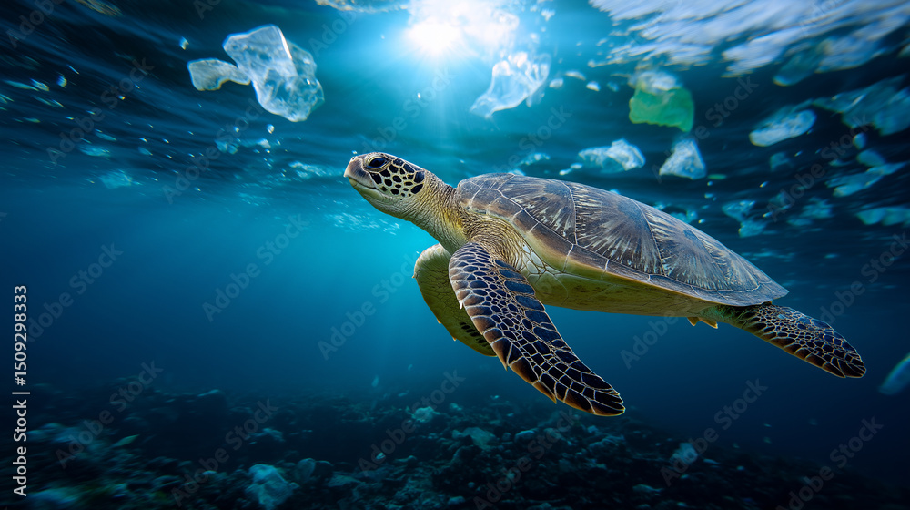 Obraz premium Sea turtle swimming underwater surrounded by floating plastic waste and pollution, highlighting environmental issues in marine ecosystems. 