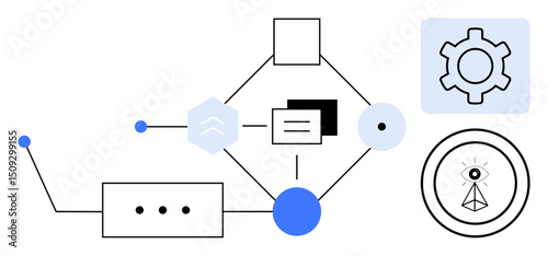 Geometric shapes, connecting lines, gear, diagrams, and a signal concept. Ideal for technology, networking, innovation, systems connectivity data flow and simple landing page