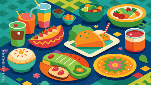 A colorful spread of various y dishes from different Latin American countries such as tacos empanadas and ceviche all served on a vibrant patterned tablecloth.. Vector illustration