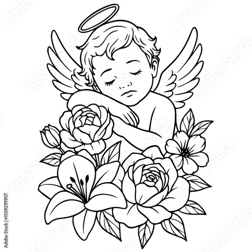 Sleeping baby angel with halo and flowers, memorial line art for laser cutting or tattoo design