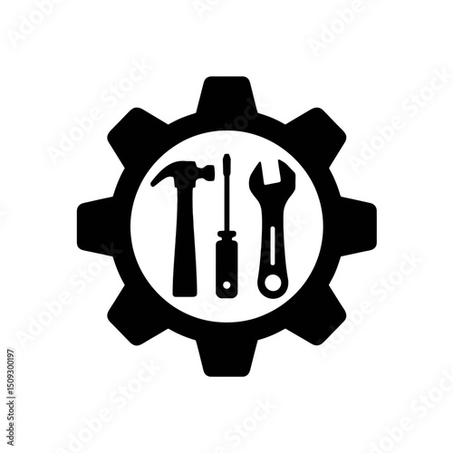 A black silhouette of a hammer, screwdriver, and wrench is placed inside a gear shape, symbolizing tools and machinery