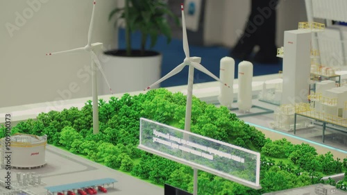 A miniature model showing a green energy zone with wind turbines, dense forest, and industrial structures representing sustainable development.