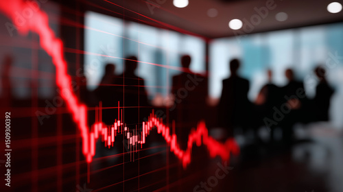 Red declining stock market graph with silhouetted businesspeople in a conference room, symbolizing financial crisis or downturn.
 photo