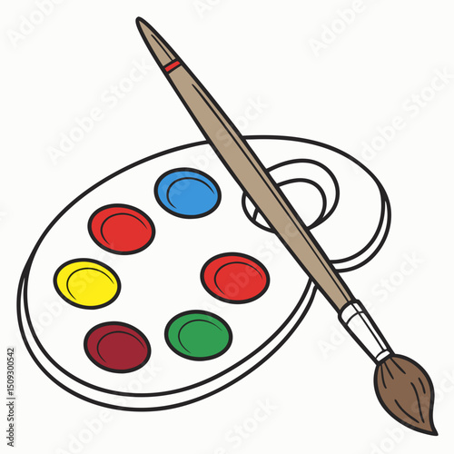 Paint palette with watercolors and a brush for artistic creation, copy space
