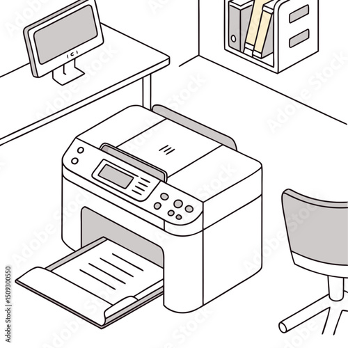 Printer in an office setting with documents printing and workspace essentials, copy space
