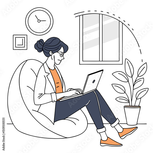 Young woman working on a laptop while sitting in a bean bag chair in a cozy home office, copy space

