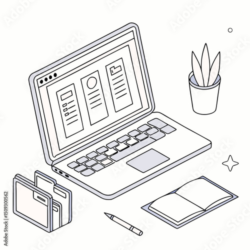 Laptop with open documents, notebook, and plant for productive workspace setup, copy space
