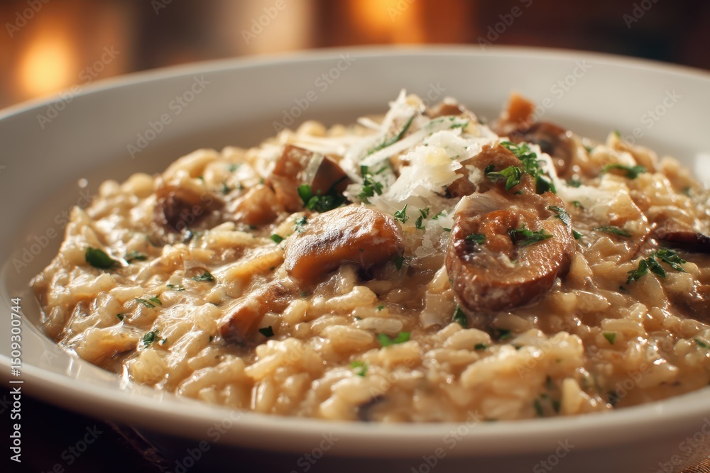 Pilzrisotto cremig Risotto mit Champignons italienisches Reisgericht Parmesan Risotto vegetarisch Trüffel Geschmack Soulfood Comfort Food Risotto Rezept Foodfotografie herbstliche Küche Reispfanne