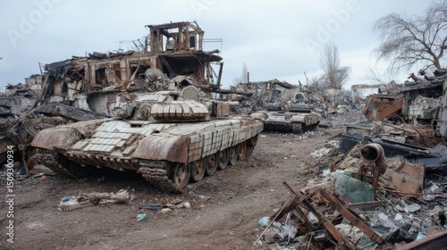 Rusted tanks sit silently in a ravaged area, surrounded by remnants of buildings and debris. The desolate scene reflects the aftermath of a long and brutal conflict