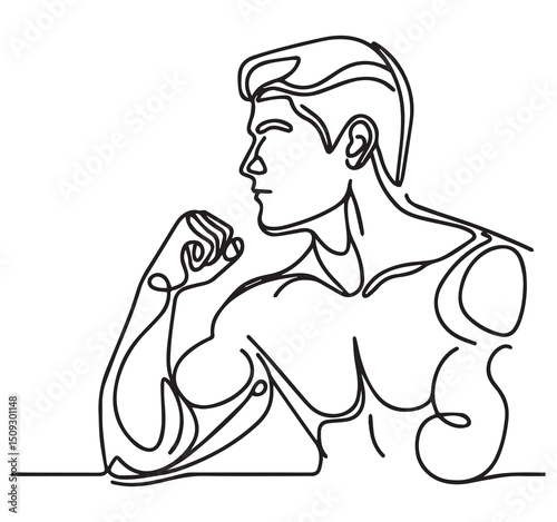 Black White Continuous Line Drawing of a Muscular Man Flexing Bicep Fitness Strength Exercise Illustration