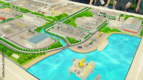 A model of an industrial complex featuring a port, container terminal, refinery, pipelines, and an offshore oil platform used in logistics and energy sectors.