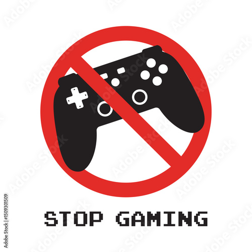 Stop gaming sign. Black game joystick icon in red forbidden sign. Game is prohibited. Stop play video games. Gamepad, joystick icon in circle prohibition symbol. Game over