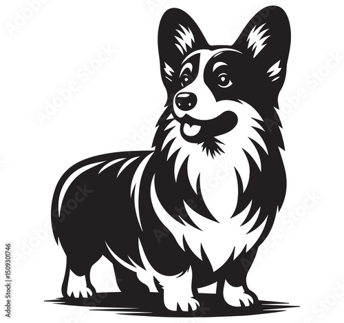 Adorable Happy Standing Black and White Corgi Dog Vector Illustration with Fluffy Fur Pet Animal Graphic Art