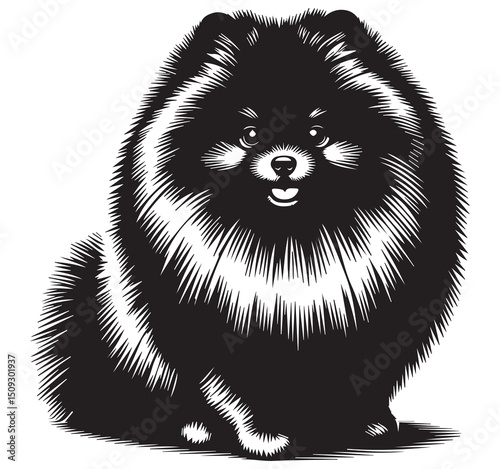 Black Pomeranian Dog Sitting Fluffy Fur Vector Illustration Black and White Art