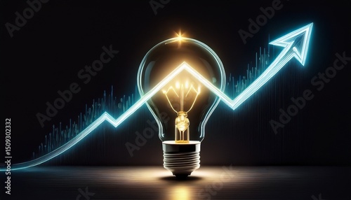 light glowing bulb with grow up arrow rise in price of electricity isolated black
