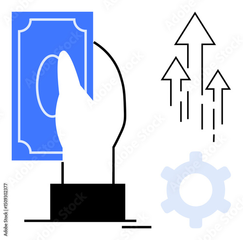 Hand holding paper money, surrounded by upward arrows suggesting financial growth, and a gear symbol for strategy. Ideal for economy, business, progress, finance, investment, planning strategic