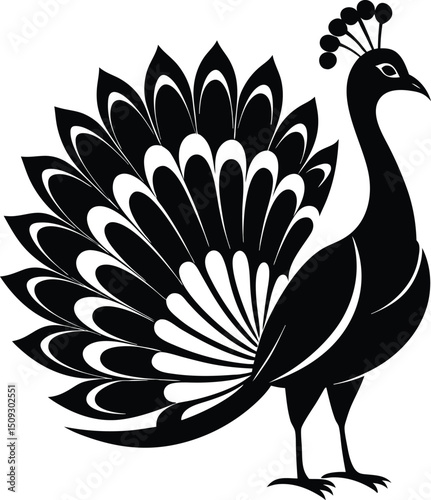  peacock silhouette, fanned tail, elegant bird
