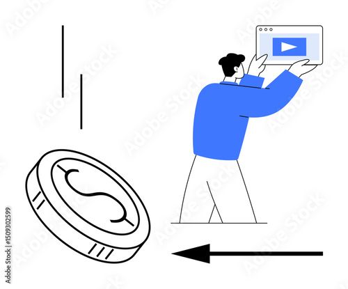 Man holds video player frame resembling a play button, large coin falls, arrow implies direction. Ideal for finance, marketing, investment, advertising, video creation, tutorials simple landing page