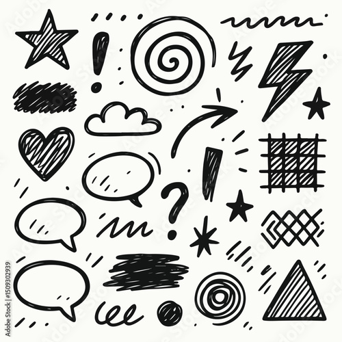 black and white doodle icons, hand drawn shapes, speech bubbles, stars, lightning bolts, zigzag lines, geometric patterns, abstract elements
