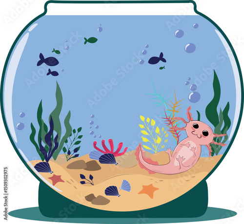 Cute vector illustration of a pink axolotl with big black eyes sitting in a round aquarium. Surrounded by seaweed and shells. Childish style, perfect for kids’ products and decor.