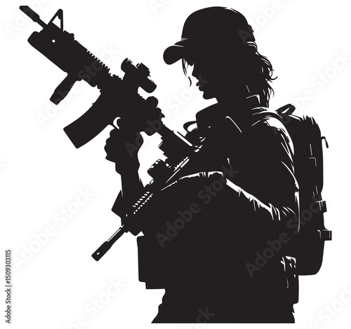 Detailed Black Silhouette Vector Graphic of Tactical Woman Holding Assault Rifle and Backpack