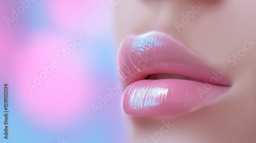Close-up of glossy pastel pink lips with a shimmering finish against a soft colorful background.
 photo