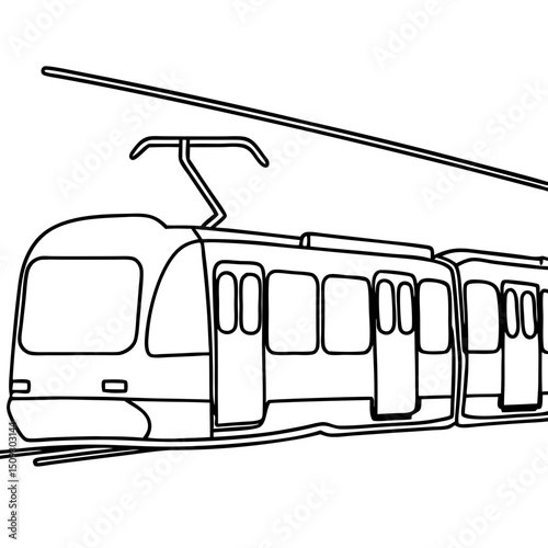 Modern tram transportation system. Electric tram with overhead wires moving along city tracks.  Urban tram design concept for city transport brochures and advertising.