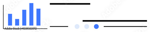 Blue bar graph alongside text lines, navigation dots, and selection markers. Ideal for data analysis, statistics, performance tracking, business metrics, report design, analytics and simple landing