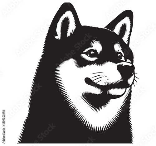 High Contrast Black and White Stylized Shiba Inu Dog Head Portrait Illustration Graphic Art Vector Animal Pet Design Element Stock Art