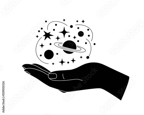 A black silhouette of a hand delicately holds a collection of celestial elements, including planets, stars, and comets,