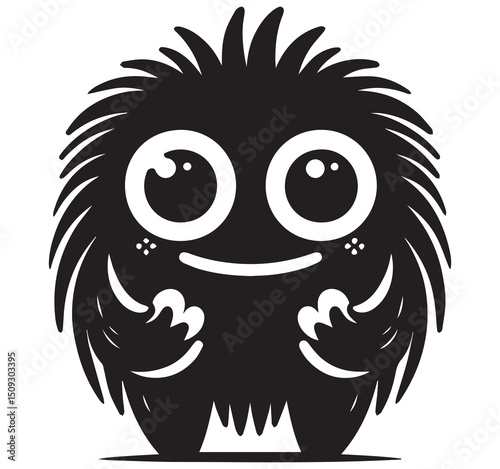 Cute Fluffy Black Monster Character with Big Eyes and Smile Graphic Illustration
