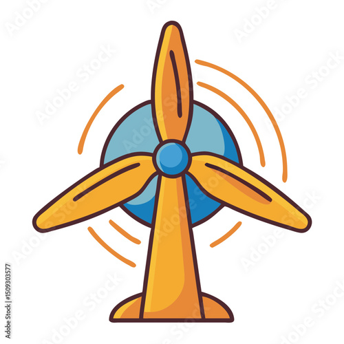Orange wind turbine illustration. Clean energy source icon with three blades spinning. Wind turbine graphic for renewable energy projects. This wind turbine image is perfect for presentations,