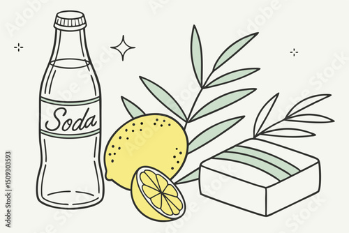 soda bottle, lemon slice, bar of soap, minimalist style, hand-drawn, line art, black and white, bright colors, whimsical, cute, simple, clean, digital illustration
