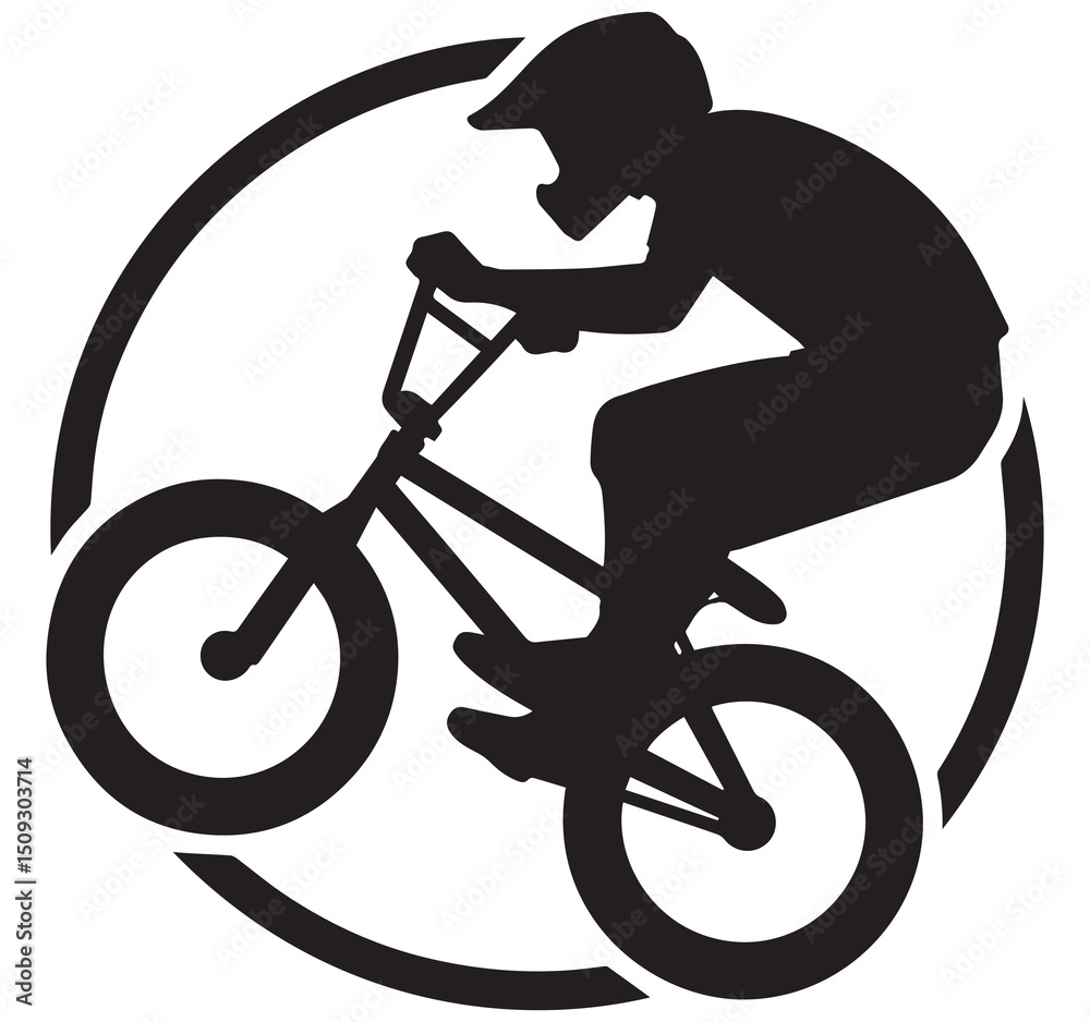 Naklejka premium High contrast black silhouette BMX bike rider performing a jump trick inside a circular graphic logo icon design for extreme sports