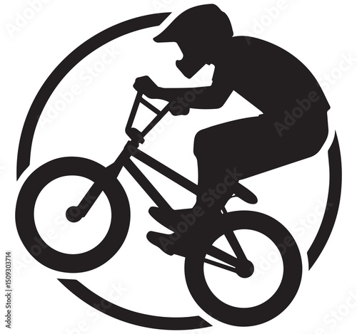 High contrast black silhouette BMX bike rider performing a jump trick inside a circular graphic logo icon design for extreme sports