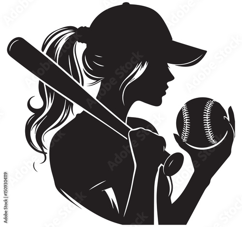 Black silhouette female baseball softball player with bat ball and cap vector graphic