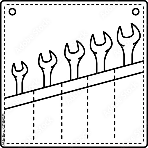 Professional combination wrench set with organized case. Complete automotive hand tool kit for car repair, mechanical work and workshop maintenance. Vector outline icon.