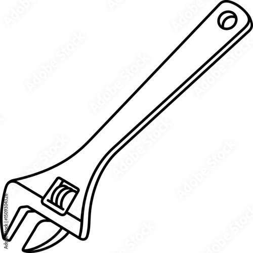 Professional automotive adjustable wrench with movable jaw for various bolt and nut sizes. Versatile hand tool essential for car repair, mechanical work and emergency toolbox. Vector outline icon.